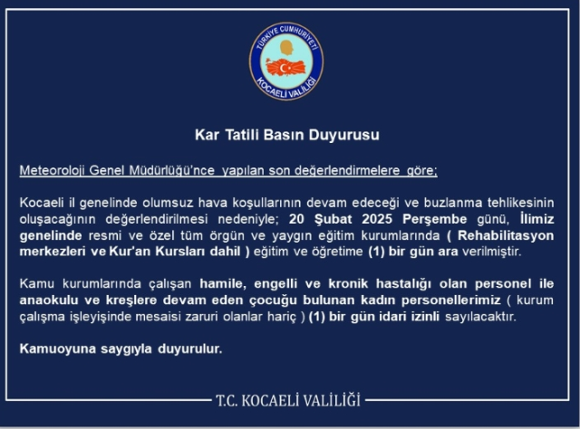 Kocaeli okullar tatil mi SON DAKİKA? 20 Şubat Perşembe Kocaeli'de okul yok mu (Kocaeli Valiliği Açıklaması – KAR TATİLİ)?
