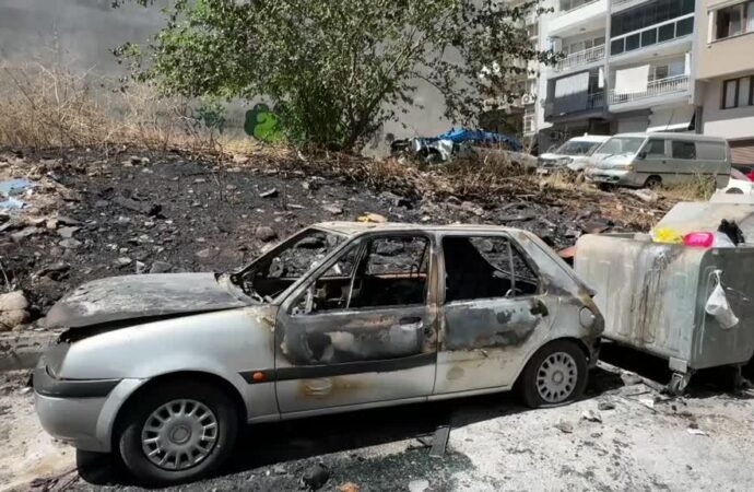 İzmir’de Otluk Alanda Çıkan Yangın İki Araçta Hasara Neden Oldu