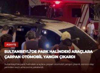 Sultanbeyli’de Park Halindeki Araçlara Çarpan Otomobil Yangın Çıkardı